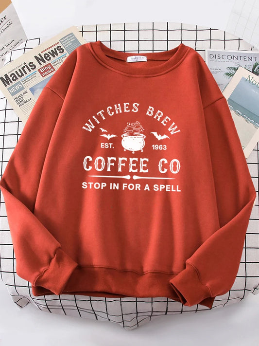 Witches Brew Coffee Letter Printing Simple Solid Color Letter Printing Womens Sweatshirts Long Sleeves Warm Pullover Clothes